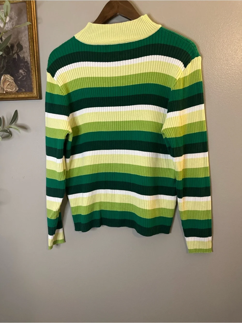 Shiny by Nature XL Green Striped Ribbed Mock Neck 100% Cotton Retro Sweater